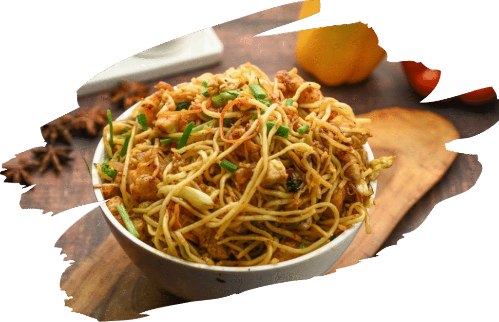 Tossed in a bold, spicy, and umami-rich sauce. The base requires noodles, a chilli-garlic mixture, and a mix of vegetables, egg, chicken and prawn