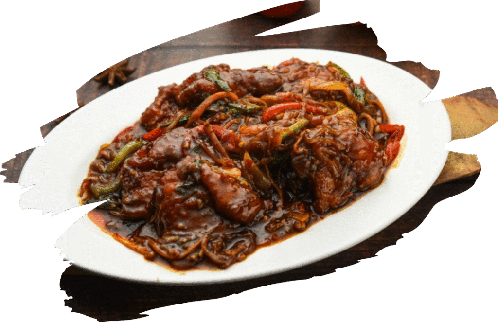 A firm boneless fish (such as Bhetki, Sea Bass, or Basa), crispy coating ingredients, an Indo-Chinese sauce, and vegetables
